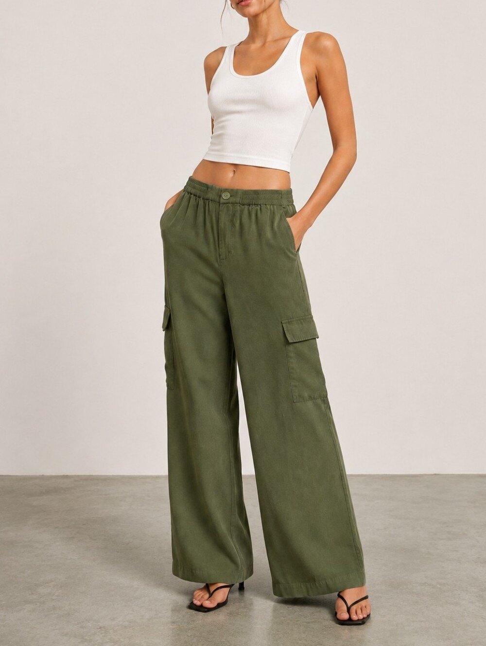 WAYF Wide Leg High Rise Cargo Pant in Olive